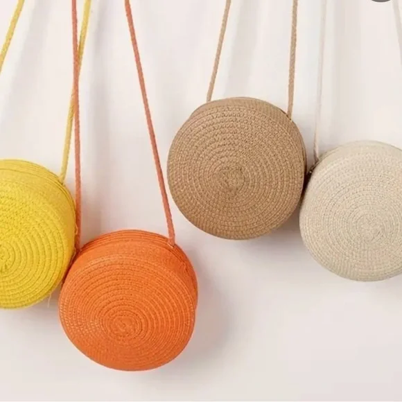 Cream Round Straw Crossbody Bag Purse - Picture 3 of 5